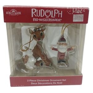 2 Pc Christmas Ornament Set Rudolph Red Nosed‎ Reindeer Santa Bunny Adler NEW